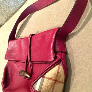 Burberry Red Pebble Grain Leather Toggle Bag with Nova Plaid Side Accents